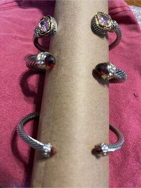 Silver-Tone Cable Cuff Bracelet with Pink and Garnet Stones and gold accents